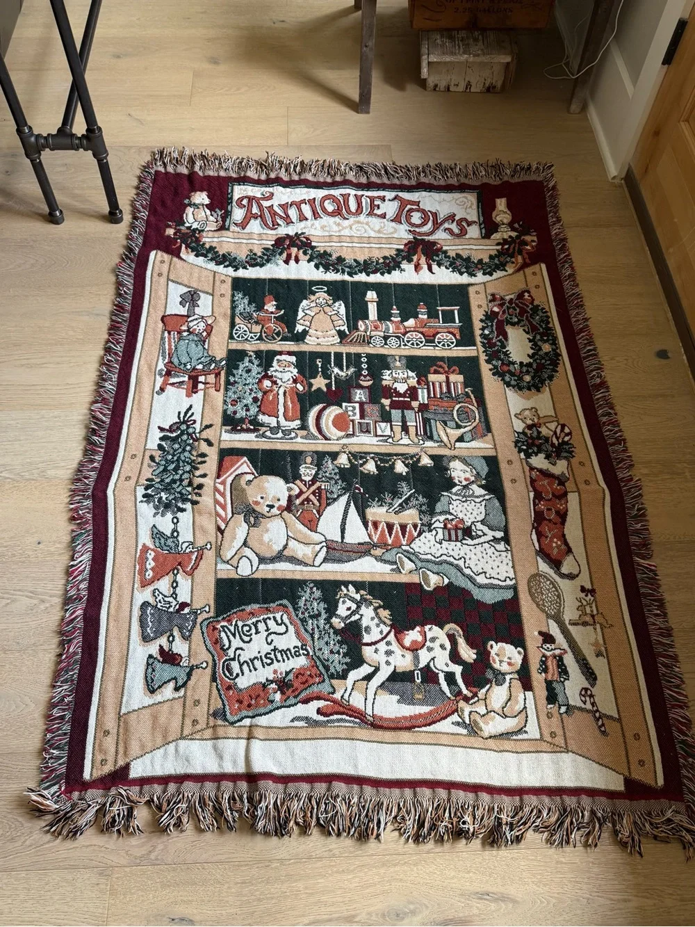 Vintage Fieldcrest Antique Holiday Throw Blanket - Burgundy, Green, Cream